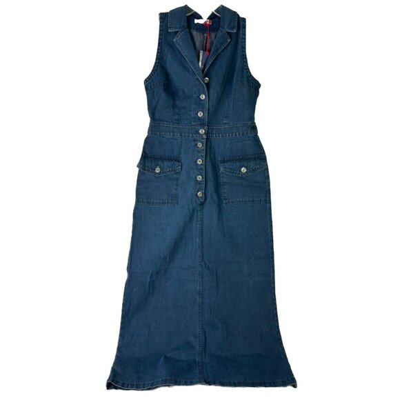 VTG Neways Sz 38 (8) Maxi Button Comfy Dark Denim Dress Sleeveless Collared NWT - Picture 1 of 10
